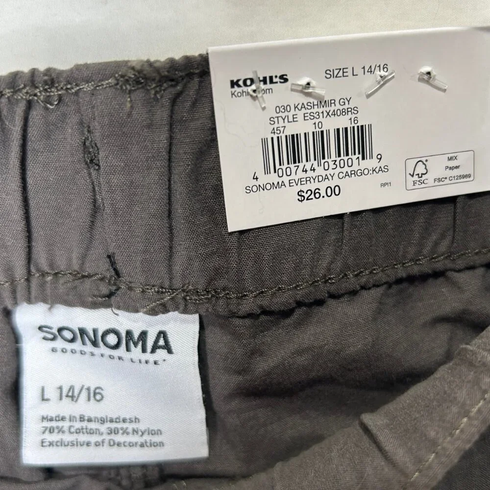 NWT Sonoma Boy’s Shorts sz Lg (14/16) Gray Cargo Elastic Drawstring Waist Summer